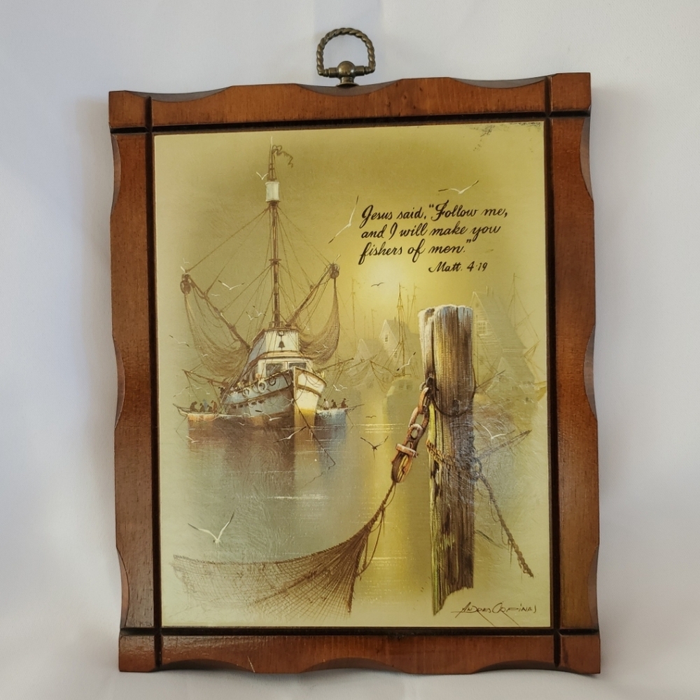 Andres Orpinas Fishing Boat In Harbor by the Docks Inspirational Quote Matt 4:19